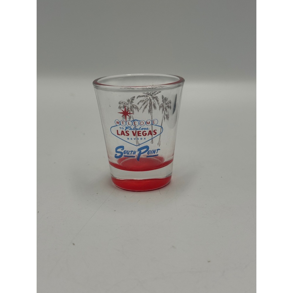 South‎ Point Las Vegas Shot Glass Souvenir Casino Palm Trees Red Clear Barware